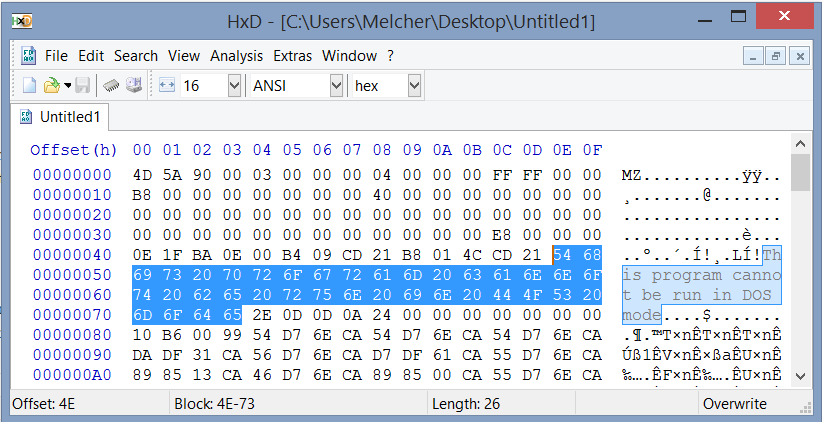 Viewing a sample file in the HxD hex editor